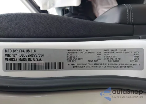 2021 Dodge Durango Gt Plus Awd из США, поврежденный, VIN 1C4RDJDG9MC757654